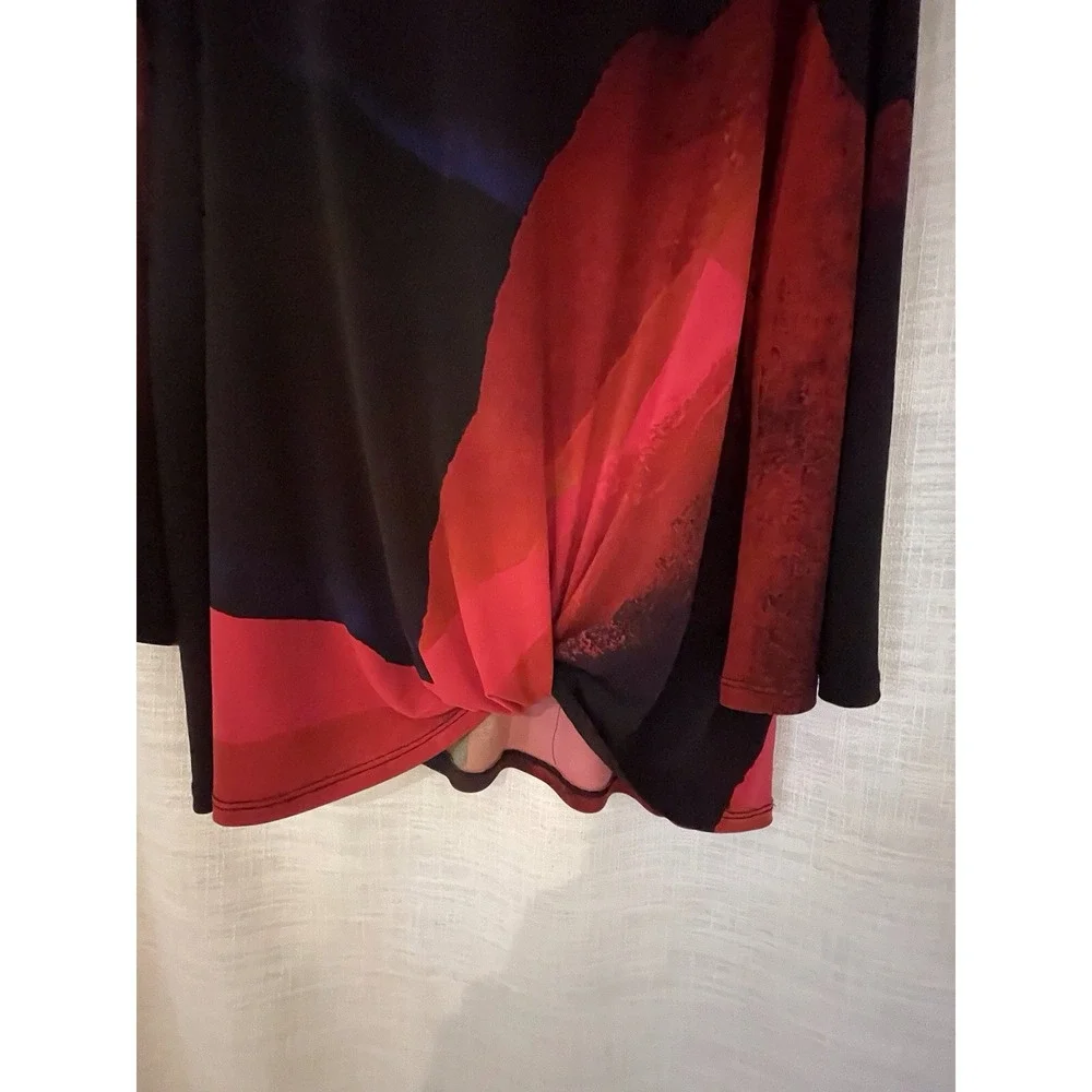 Clara Sunwoo Twist Front Abstract Top XL Black Red Bell Sleeve Made in USA - Picture 9 of 13